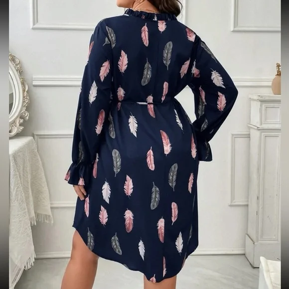 Boho Plus Size Feather Print Flounce Long  Sleeve Dress - Picture 7 of 8